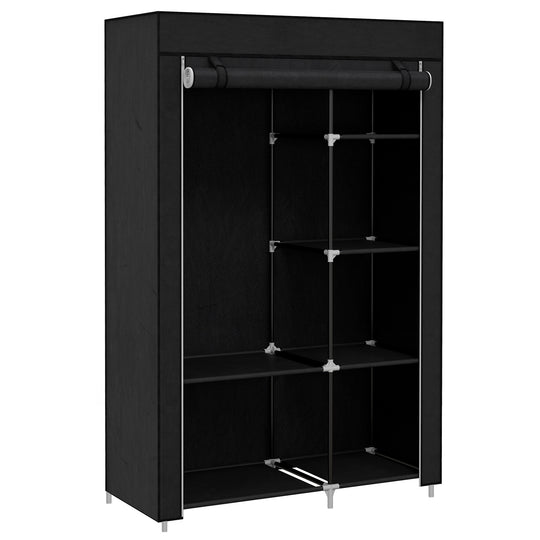Black fabric wardrobe with roll-up door, hanging rail and six shelves