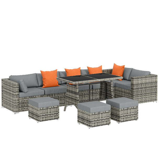 Dark grey 10-piece rattan corner dining set with six sofa chairs, three stools and glass-top table