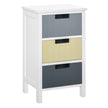 Small white storage tower with three multicoloured drawers and wooden top