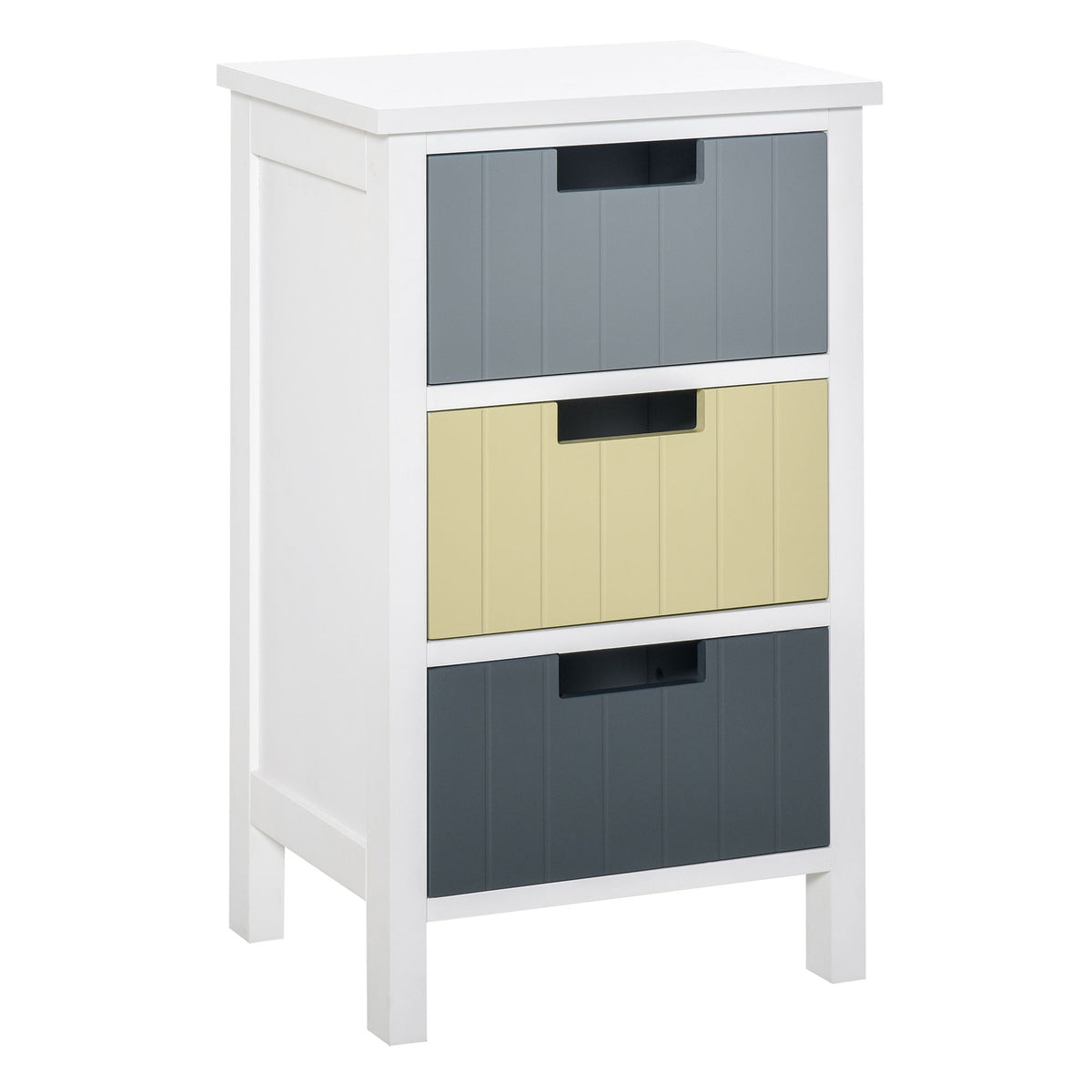 Small white storage tower with three multicoloured drawers and wooden top
