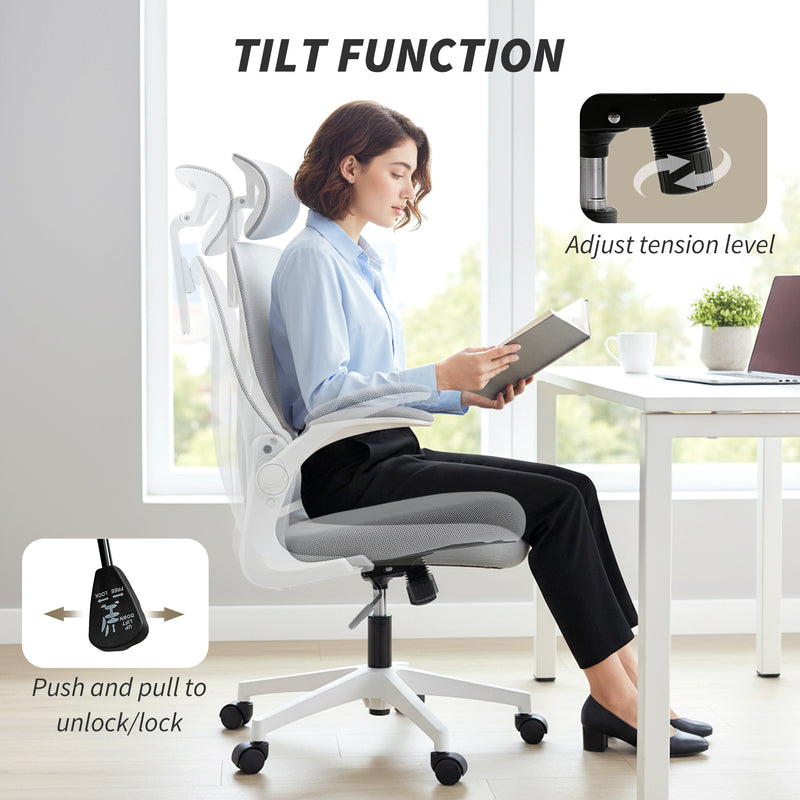 HOMCOM Ergonomic Office Chair with Foldable Backrest, 2D Headrest - Light Grey – view 8