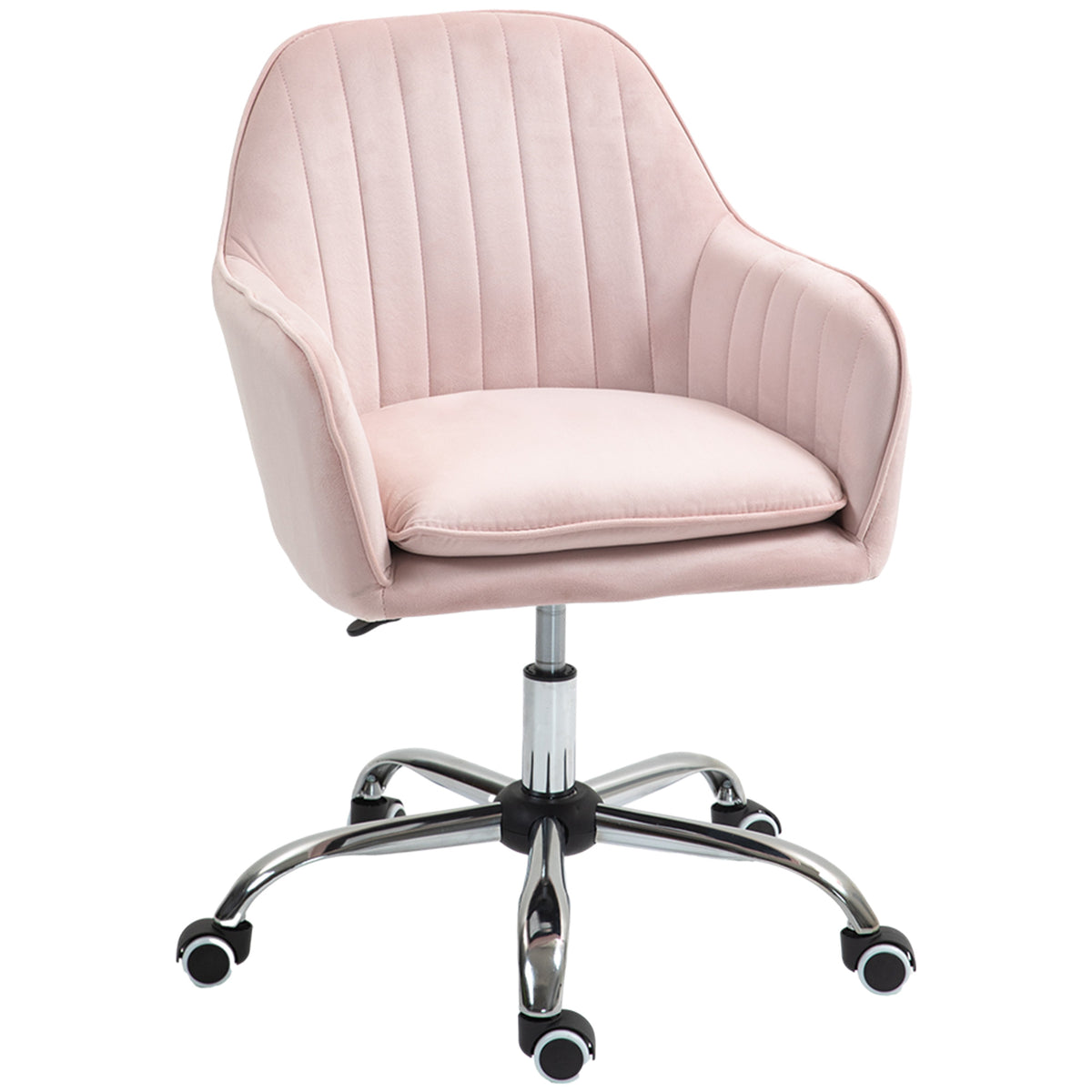 Pink velvet-feel tub office chair with channel-tufted back and chrome swivel base