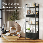 Industrial Style Bookcase, with 4 Shelves and 3 Fabric Drawers - Grey/Black