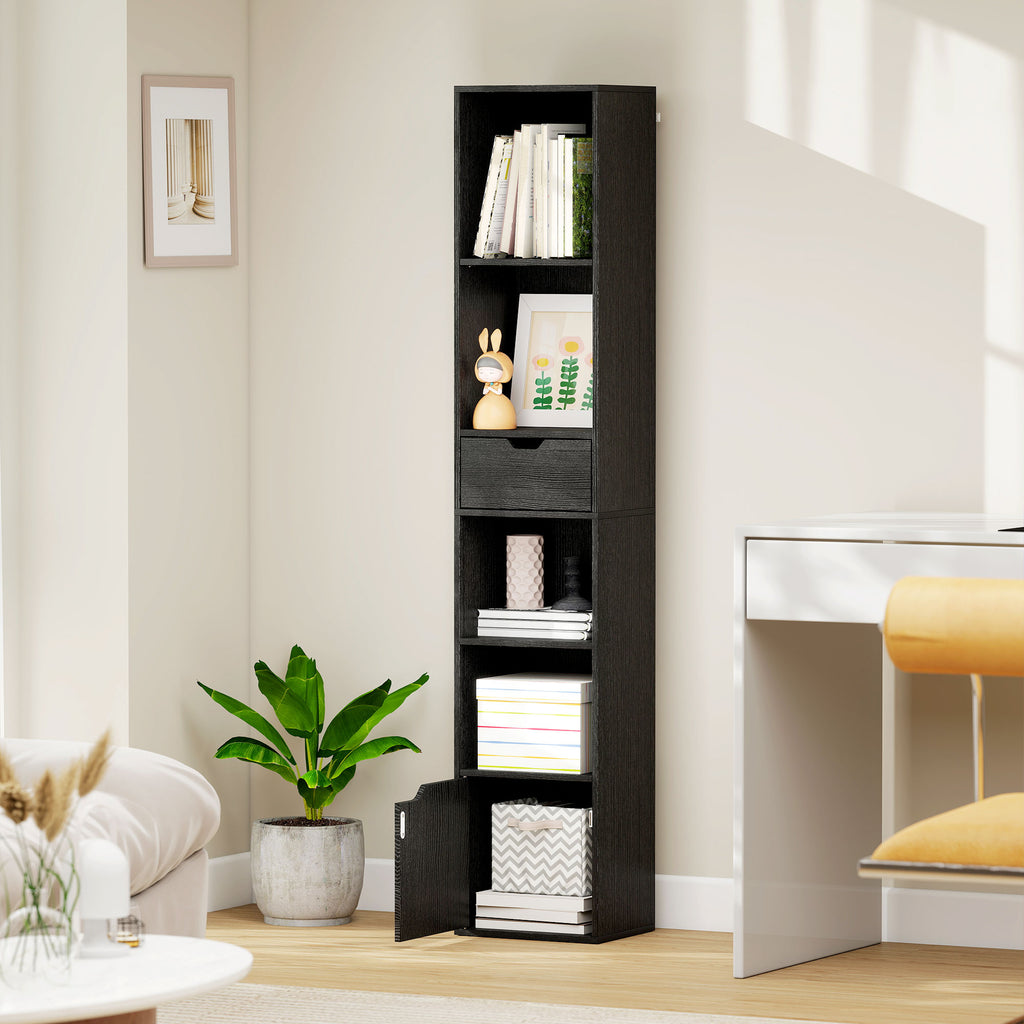 6-Tier Bookcase, Tall Narrow Bookshelf with Drawer and Door - Black