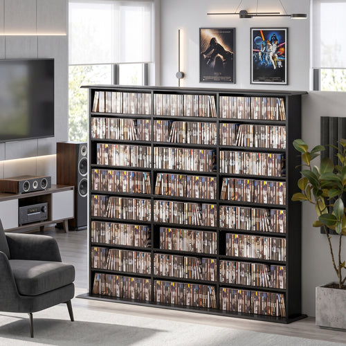 1032 CD/594 DVD Storage Unit, Blu-ray Media Storage Shelf with 24 Compartments and 18 Adjustable Shelves, Black