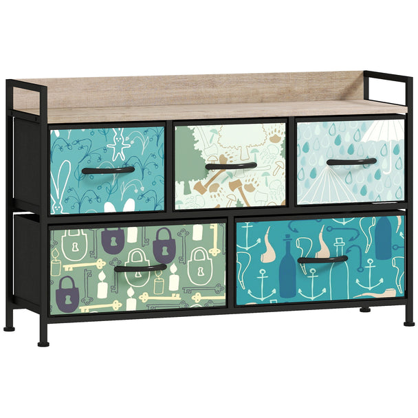 Blue wide 5-drawer fabric chest of drawers with patterned drawer fronts and wood-effect top