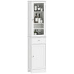 Tall slim white bathroom cabinet with clear acrylic upper door, drawer and lower cupboard
