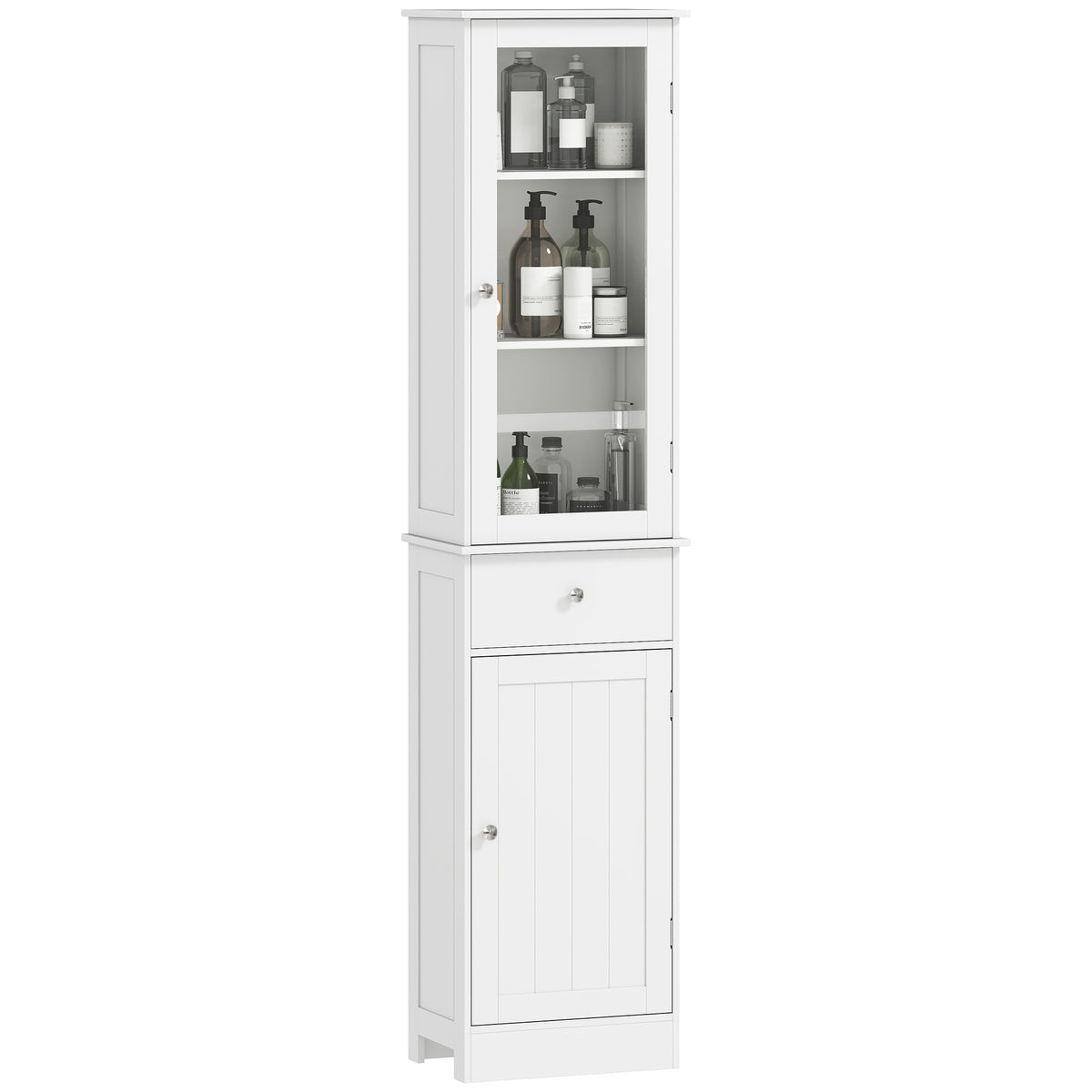 Tall slim white bathroom cabinet with clear acrylic upper door, drawer and lower cupboard