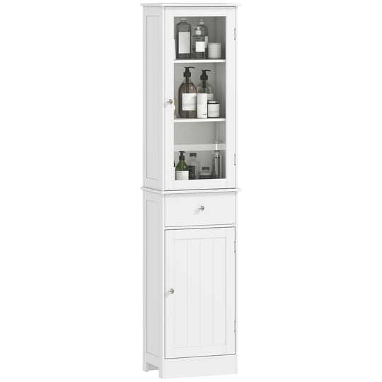 Tall slim white bathroom cabinet with clear acrylic upper door, drawer and lower cupboard