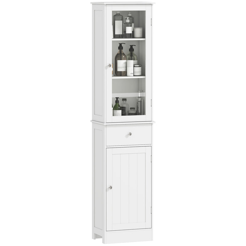 Tall slim white bathroom cabinet with clear acrylic upper door, drawer and lower cupboard