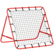 Red football rebounder net with steel frame, elastic cords and adjustable back support