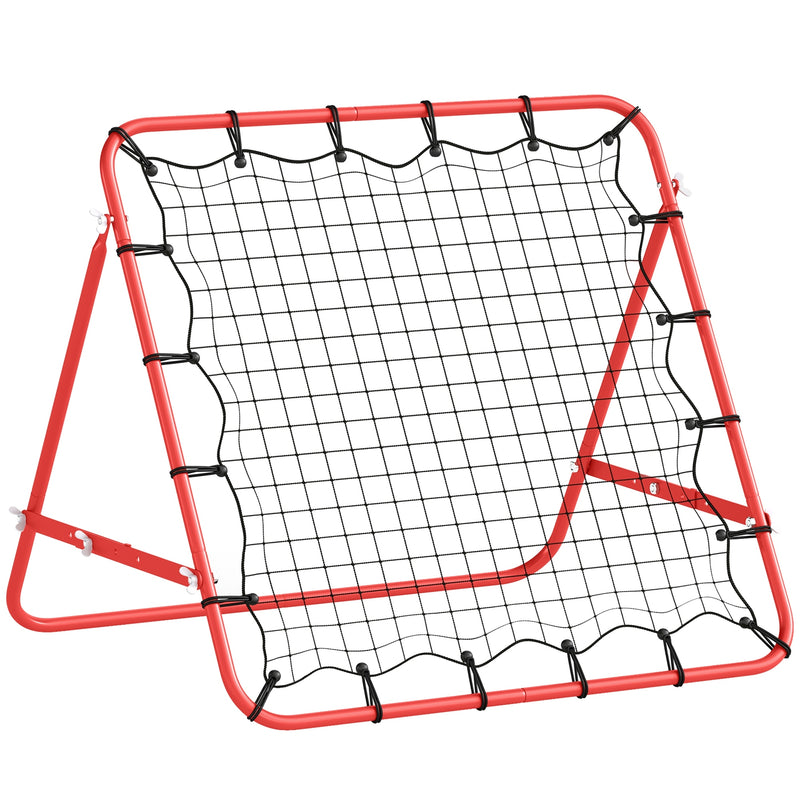 Red football rebounder net with steel frame, elastic cords and adjustable back support