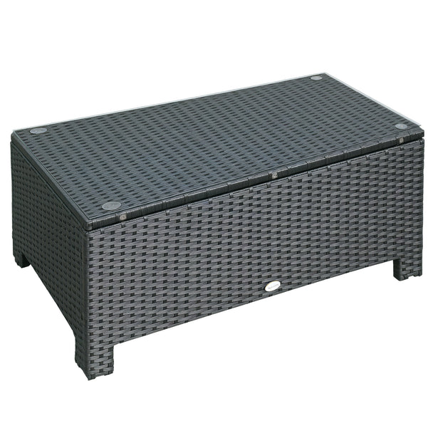 Black rectangular rattan coffee table with tempered glass top for garden or patio