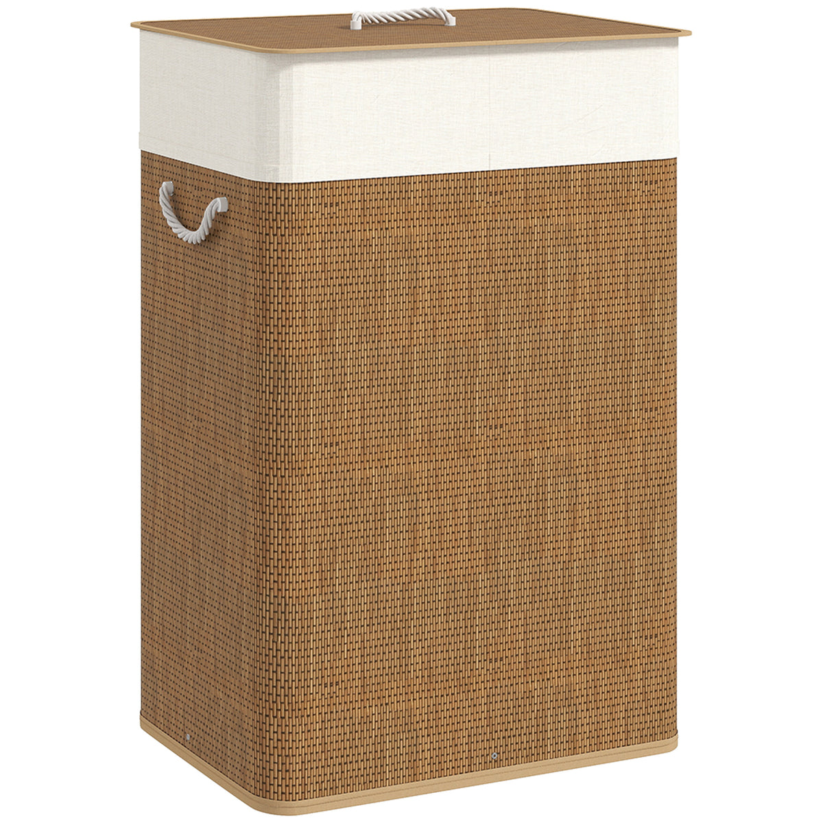 72 L brown woven bamboo laundry basket with lid and rope handles