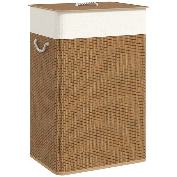 72 L brown woven bamboo laundry basket with lid and rope handles