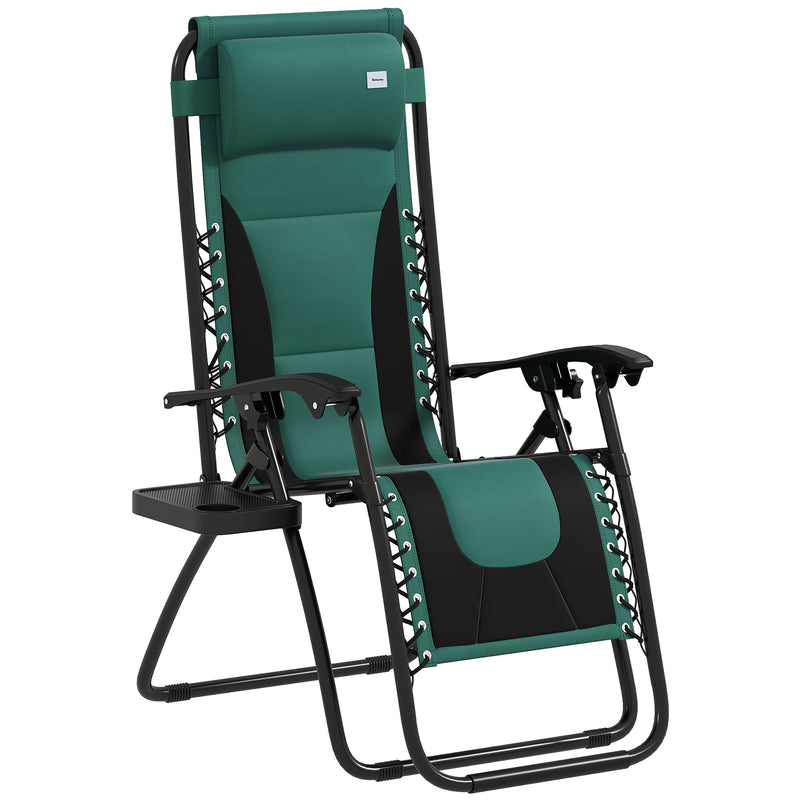 Green and black folding zero gravity recliner chair with cup holder tray and headrest