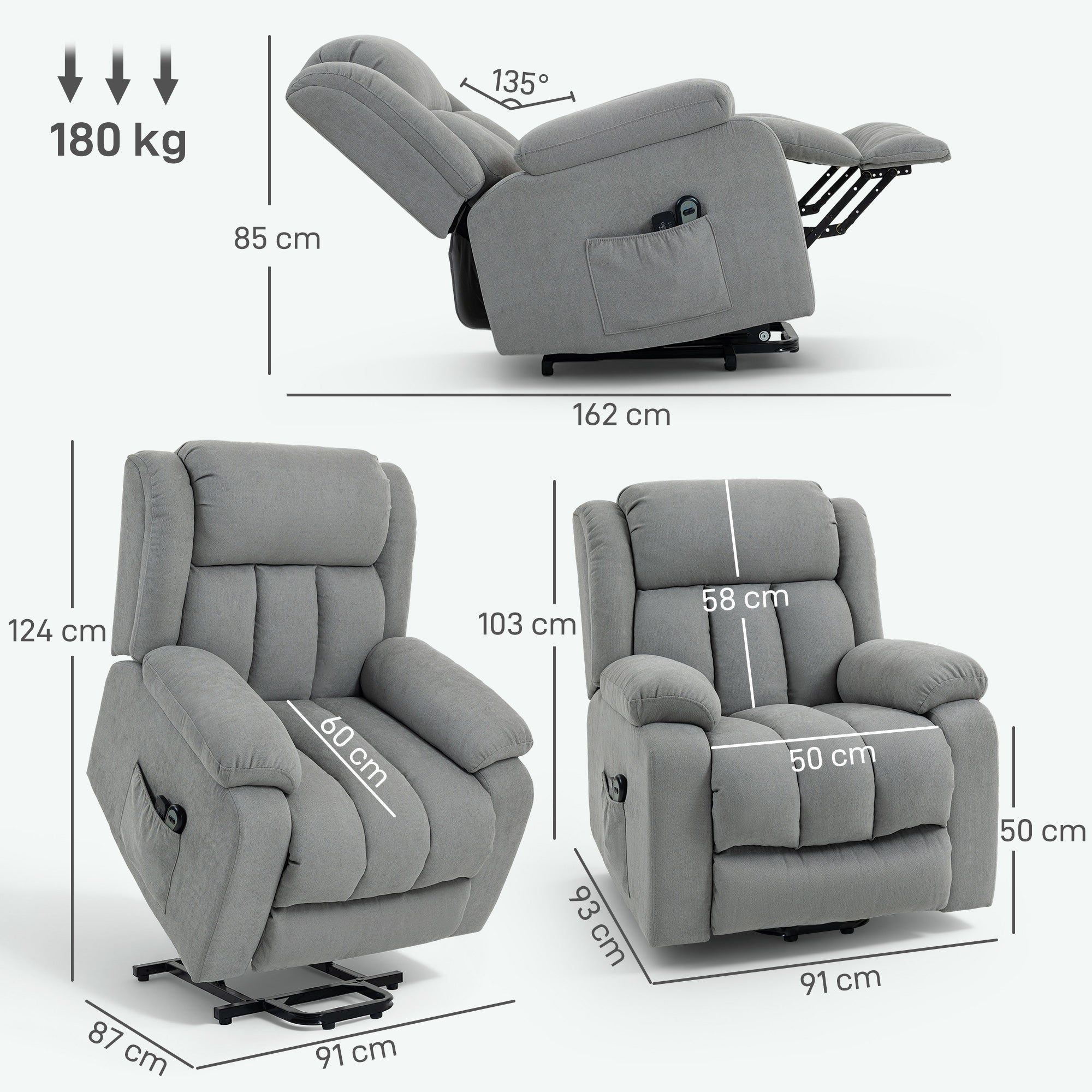 Power Lift Recliner Chair with Vibration Massage, Lift Chair for Elderly with Footrest, Remote, Side Pocket, Light Grey