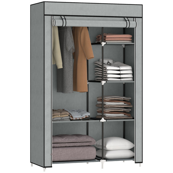 Light grey fabric wardrobe with roll-up door, hanging rail and six shelves