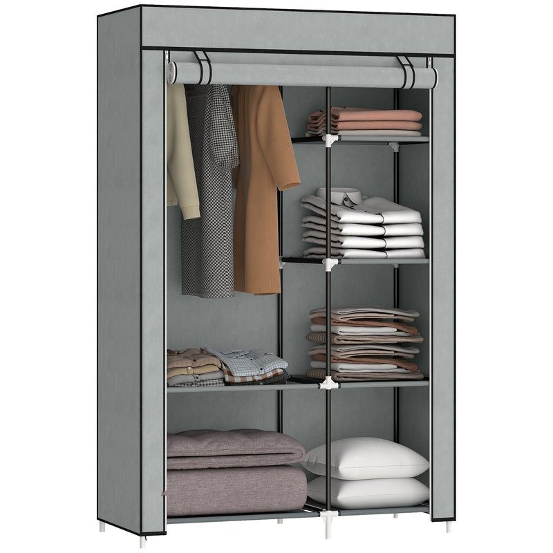 Light grey fabric wardrobe with roll-up door, hanging rail and six shelves