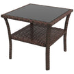 Brown square two-tier rattan coffee table with tempered glass top