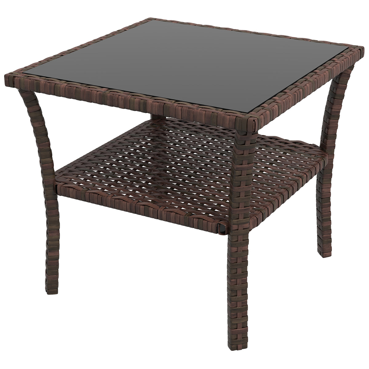 Brown square two-tier rattan coffee table with tempered glass top