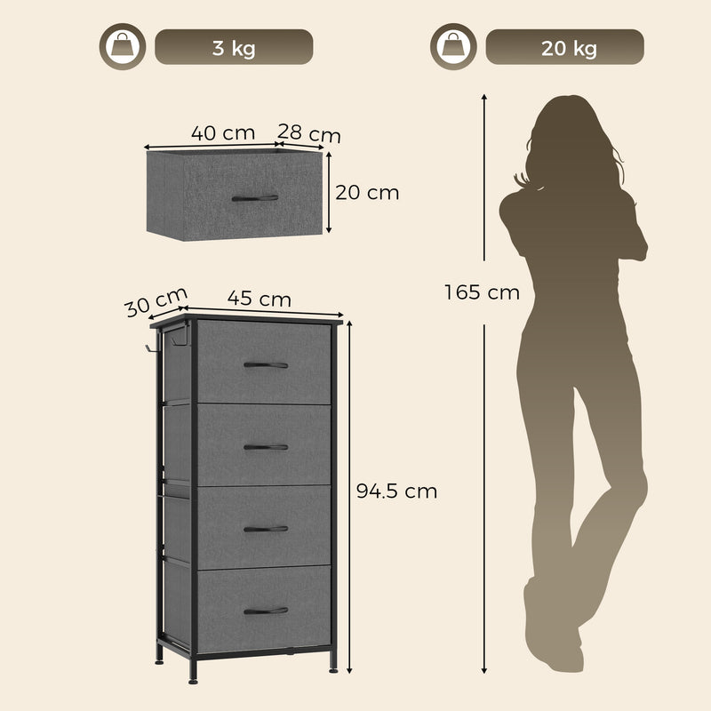 HOMCOM Chest of Drawers, Dresser with 4 Fabric Drawers, 4 Pockets, 2 Hooks and Steel Frame, Storage Unit, Grey – view 3