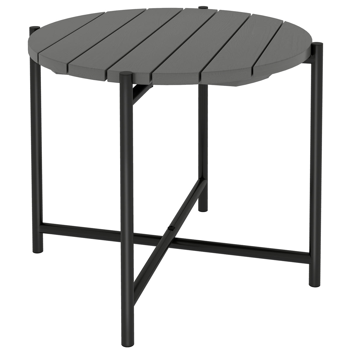 54 cm industrial garden side table with slatted wood top and dark grey metal frame