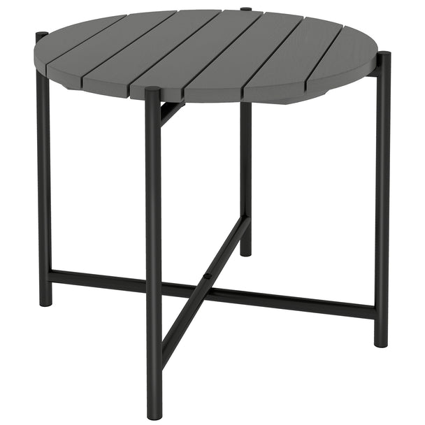 Outsunny 54 cm Round Outdoor Side Table, Industrial Small Garden Table with Slatted Wood Top and Metal Frame, Dark Grey