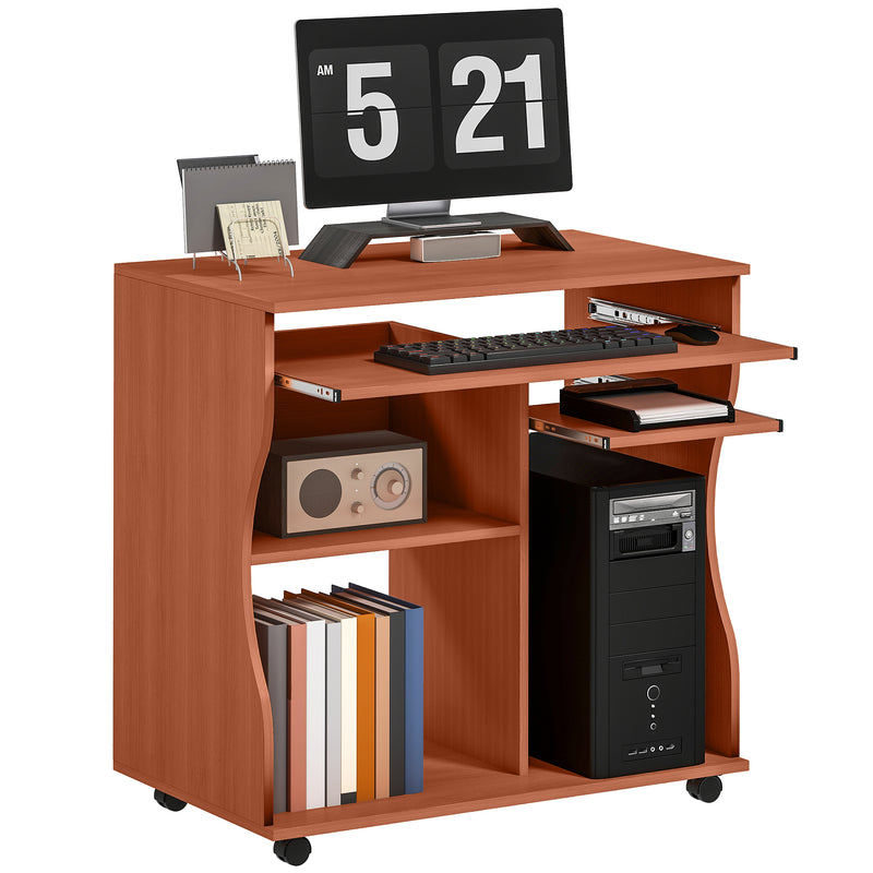 Cherry wood effect compact mobile computer desk with keyboard trays, CPU shelf and wheels