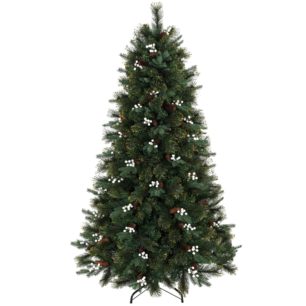 6ft green fir Christmas tree decorated with white berries and red berry ornaments