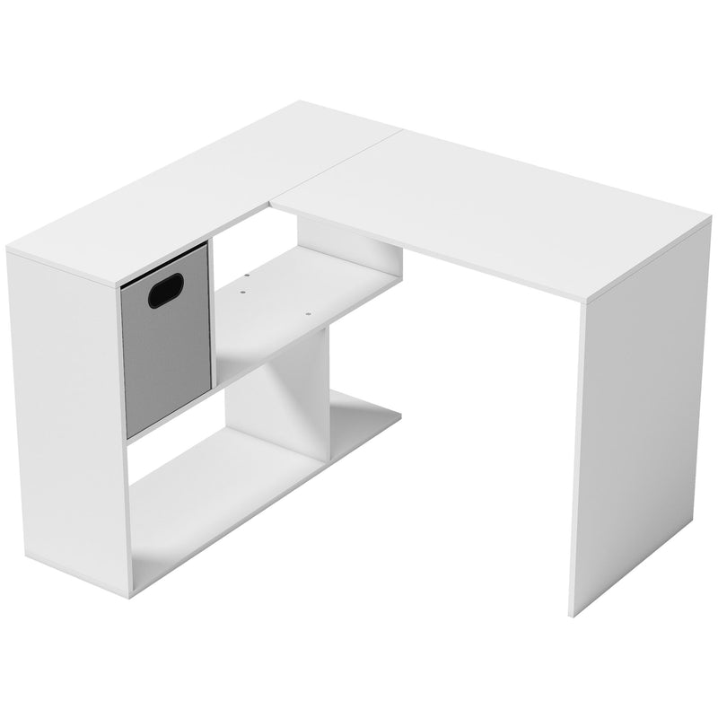 HOMCOM L Shaped Computer Desk, 110 x 100cm Corner Desk with Fabric Drawer and Storage Shelves, White