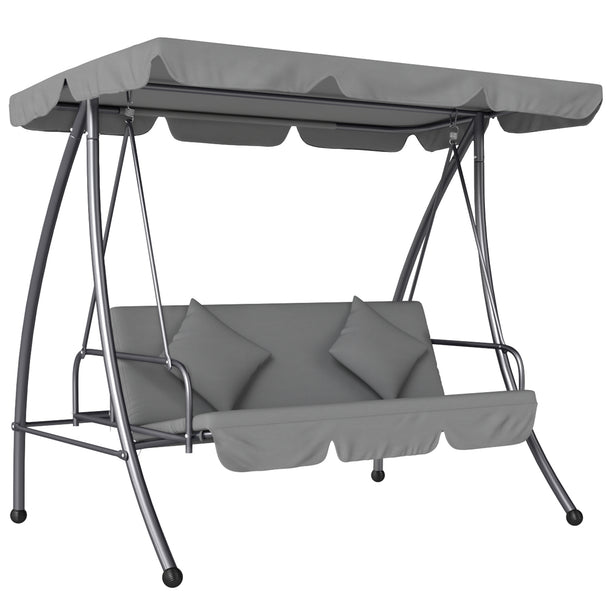 Light grey 2-in-1 3-seater garden swing bed with tilting canopy and pillows