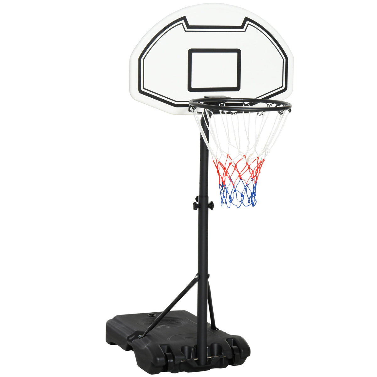 Black adjustable height basketball hoop and stand with fillable base and backboard