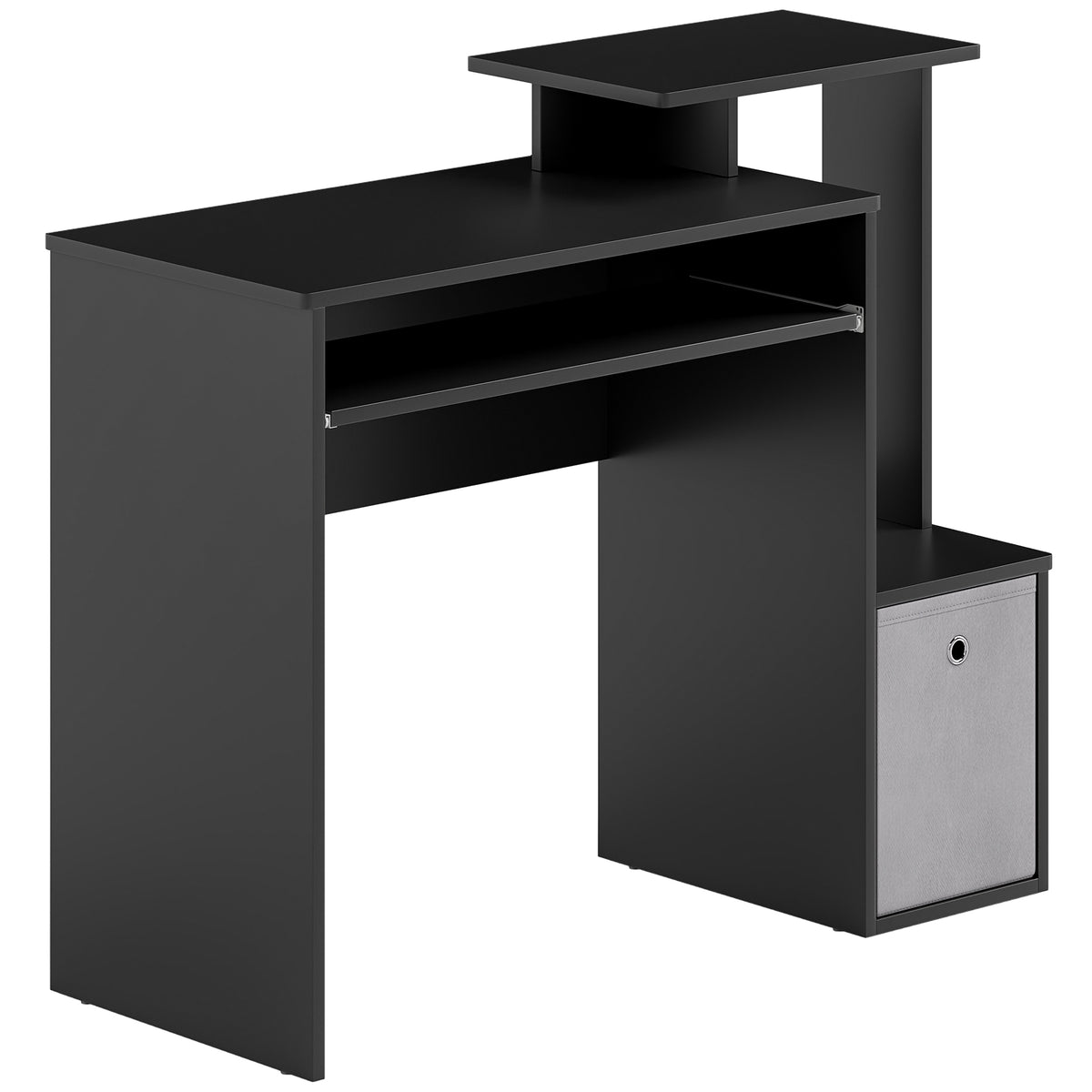 Black 100 cm computer desk with sliding keyboard tray, raised side shelf, open compartment and fabric drawer