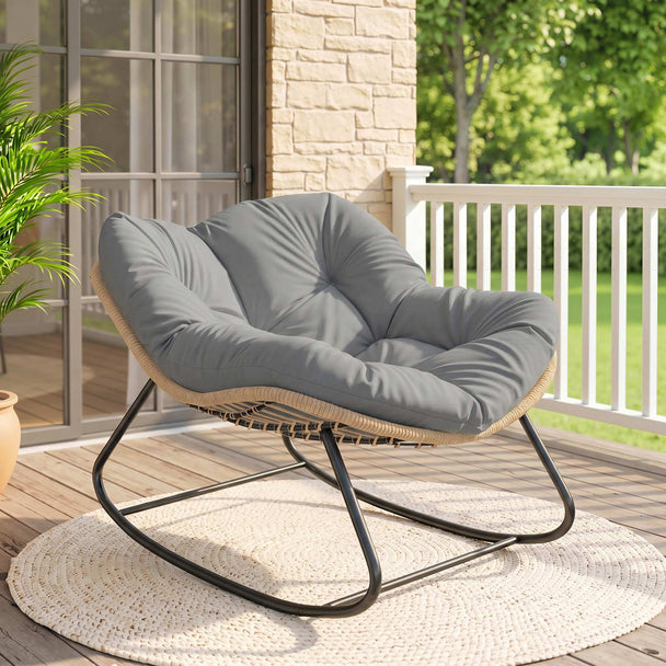 Outsunny Indoor Outdoor Rocking Chair, Oversized Rocking Egg Chair with Cushion for Living Room, Garden, Patio, Grey – view 2