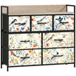 White wide 7-drawer fabric chest of drawers with patterned drawer fronts and wood-effect top