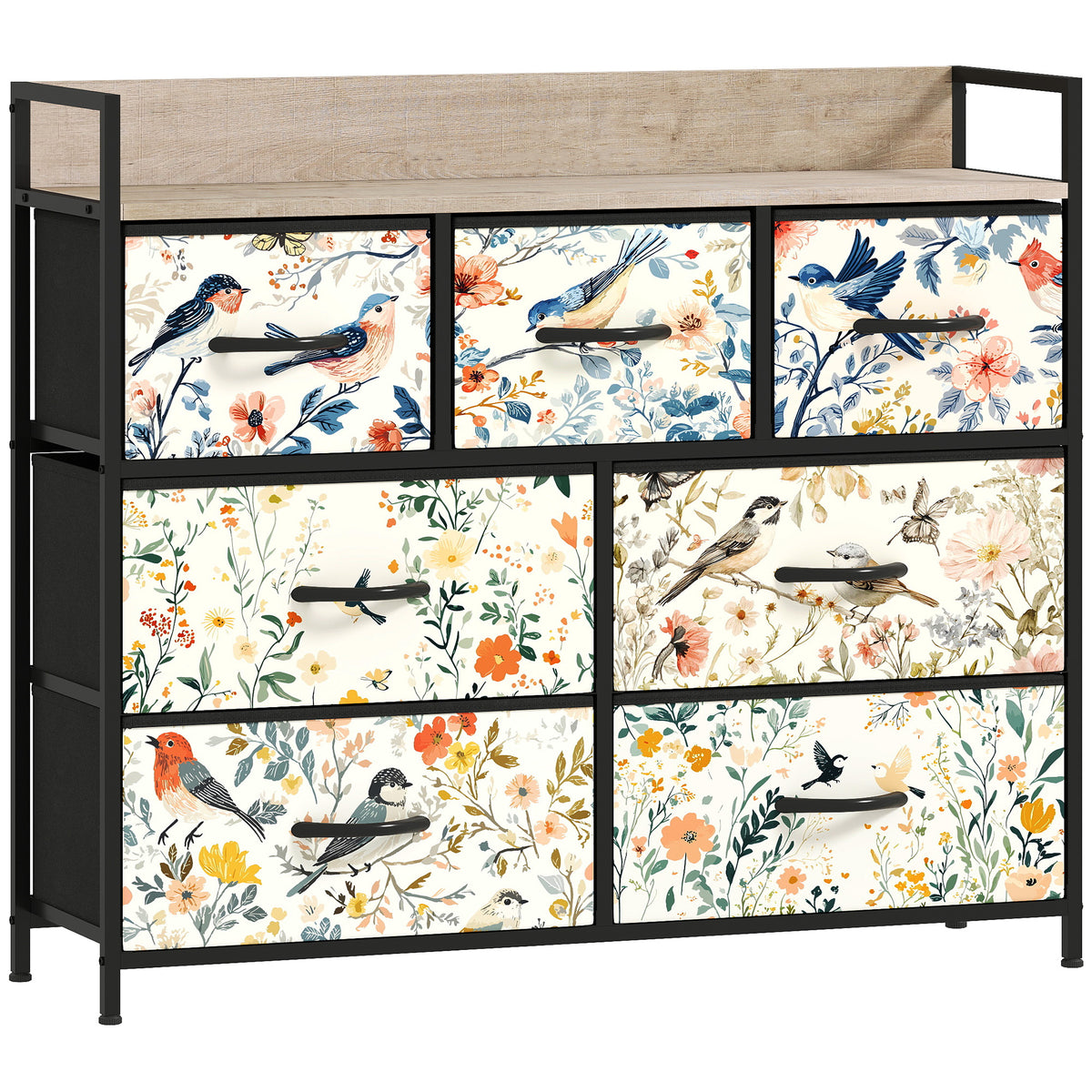 White wide 7-drawer fabric chest of drawers with patterned drawer fronts and wood-effect top