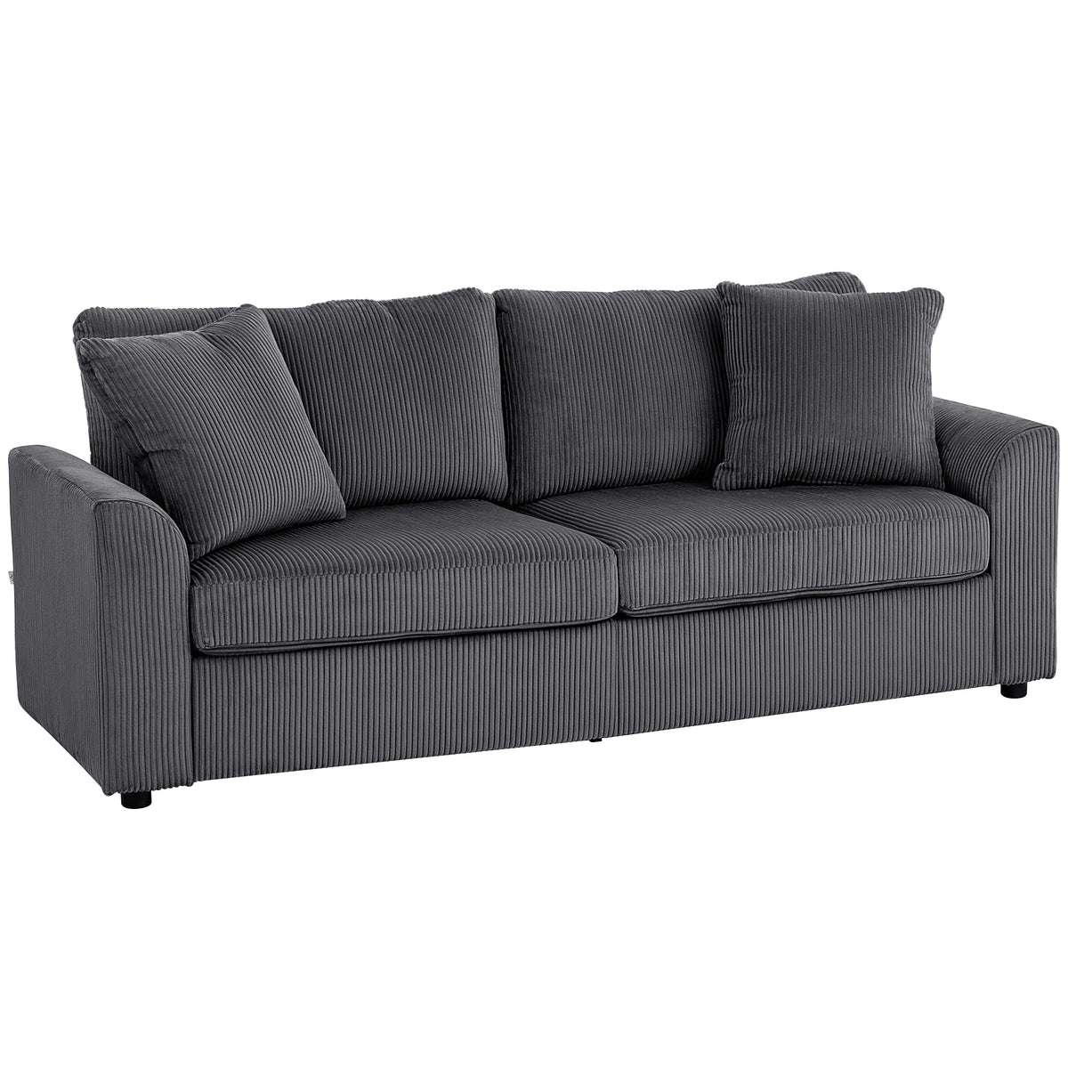 212 cm Corduroy 3-Seater Sofa with Pocket Springs & Pillows – Grey