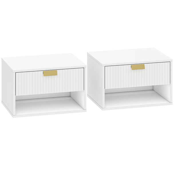 HOMCOM Set of 2 Wall Mounted Nightstands, Floating Bedside Tables with Fluted Drawer and Open Shelf for Small Bedroom
