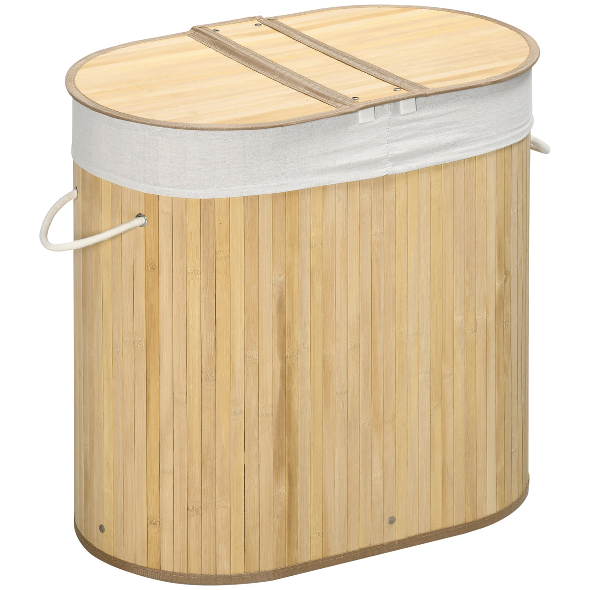 Natural bamboo 100-litre two-section laundry basket with lids and white lining