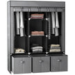 Dark grey fabric wardrobe with two hanging rails, five shelves and three fabric drawers