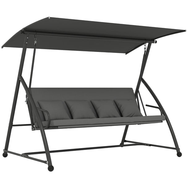 Dark grey 2-in-1 3-seater garden swing bed with tilting canopy and pillows