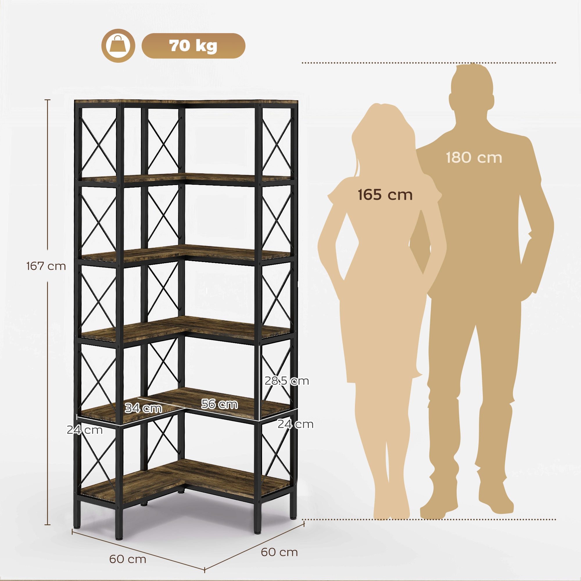 5-Tier L-Shaped Bookshelf, Freestanding Corner Bookcase with Metal Frame, Rustic Brown