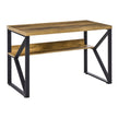 Industrial computer desk with brown wood-effect top, storage shelf and black K-shaped steel legs