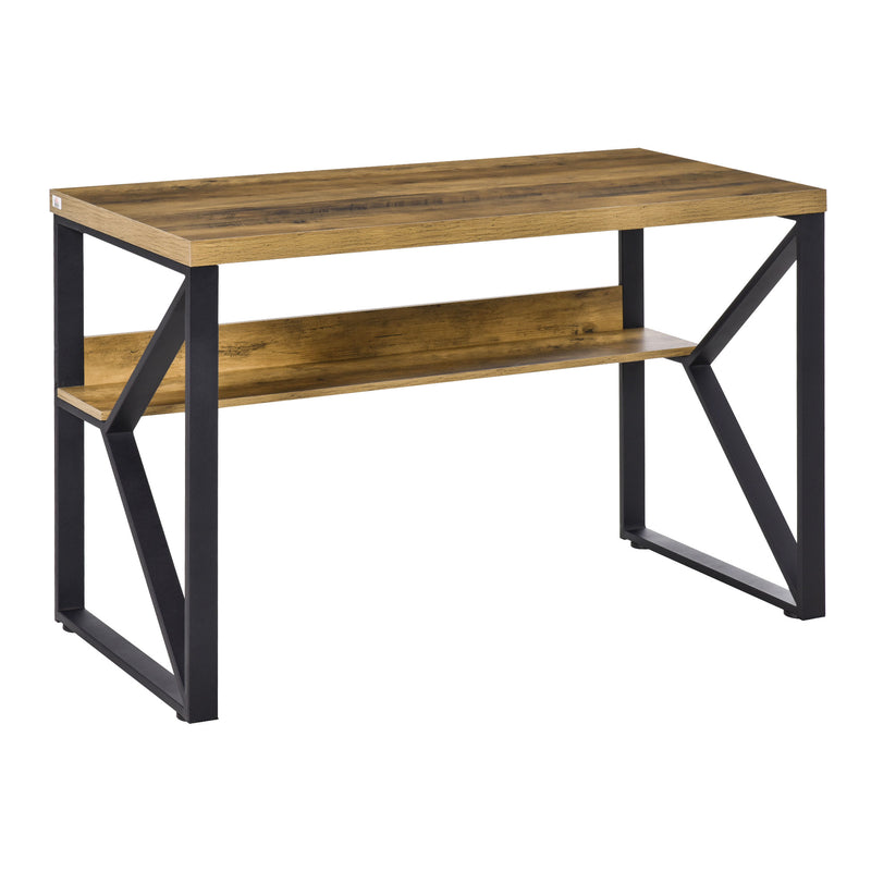 Industrial computer desk with brown wood-effect top, storage shelf and black K-shaped steel legs