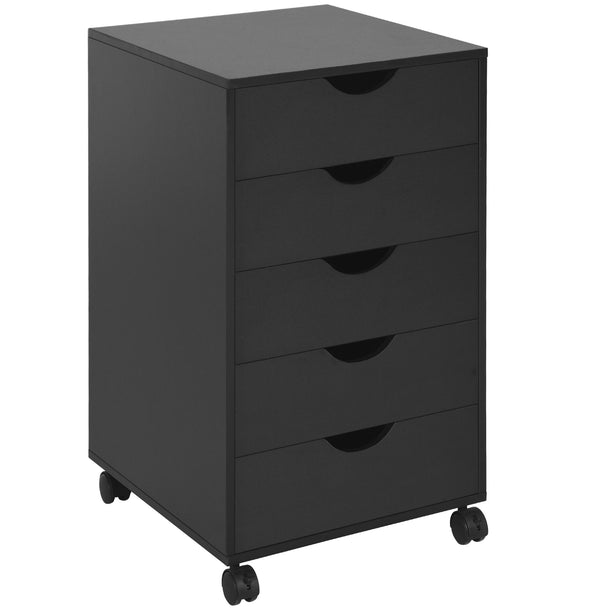 Black five-drawer mobile filing cabinet on lockable wheels