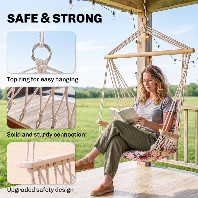 Outsunny Garden Outdoor Hanging Hammock Chair Thick Rope Frame Wooden Arms Safe Garden Outdoor Spot Stylish – view 4