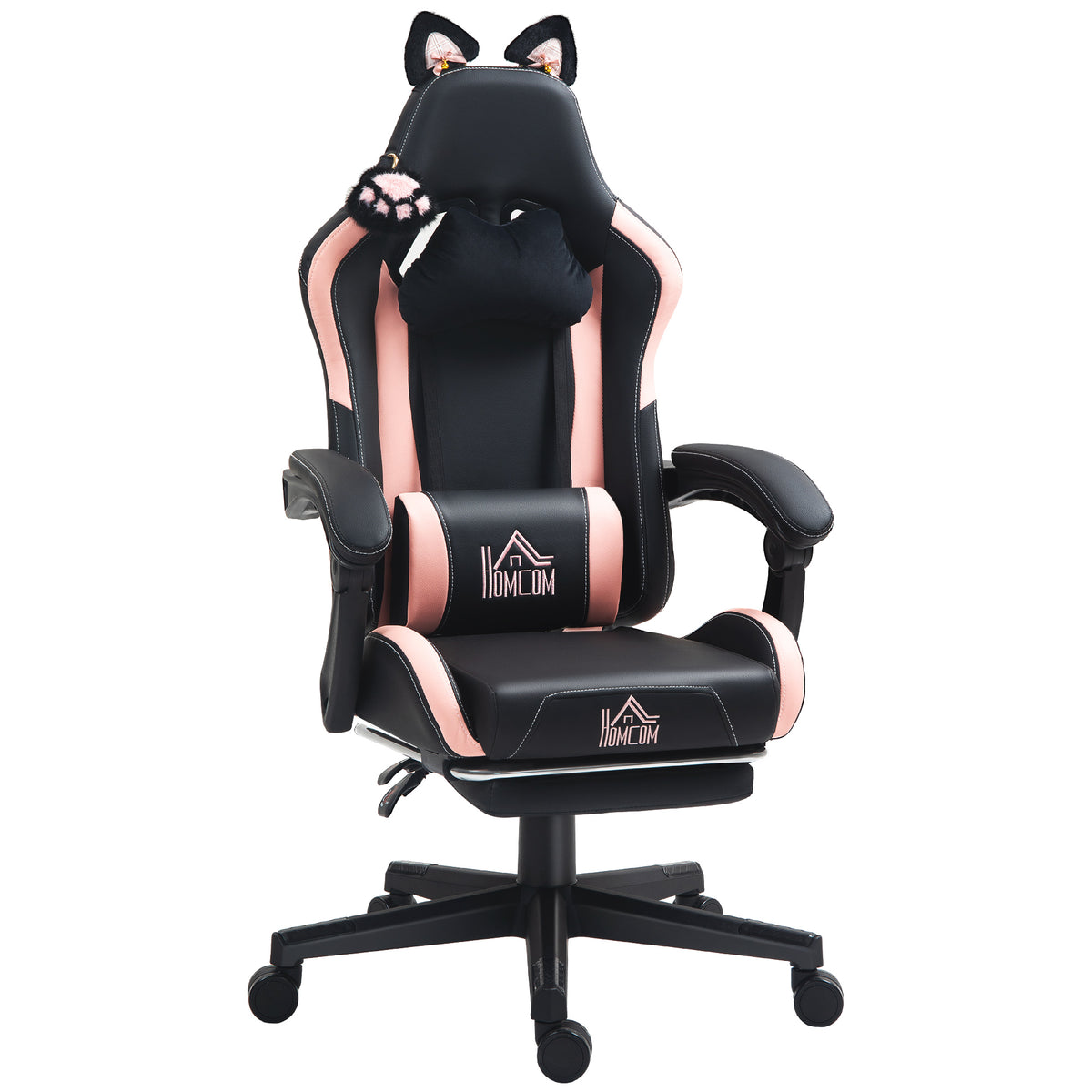 Black and pink cat ear reclining gaming chair with paw detail, pillows and retractable footrest