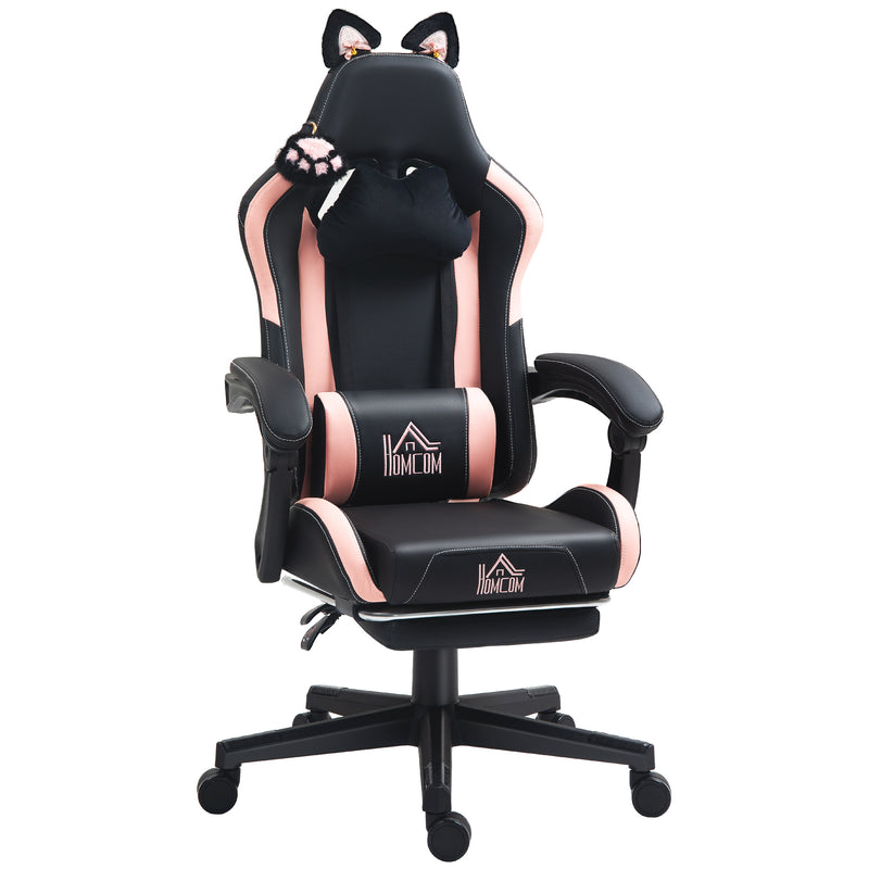 Black and pink cat ear reclining gaming chair with paw detail, pillows and retractable footrest