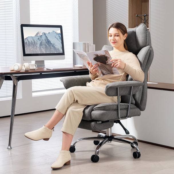 HOMCOM Leathaire Reclining Office Chair with Lumbar Support Pillow - Grey – view 2